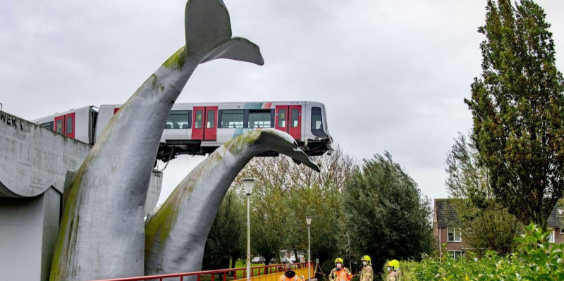 Trem é salvo por escultura de rabo de baleia na Holanda