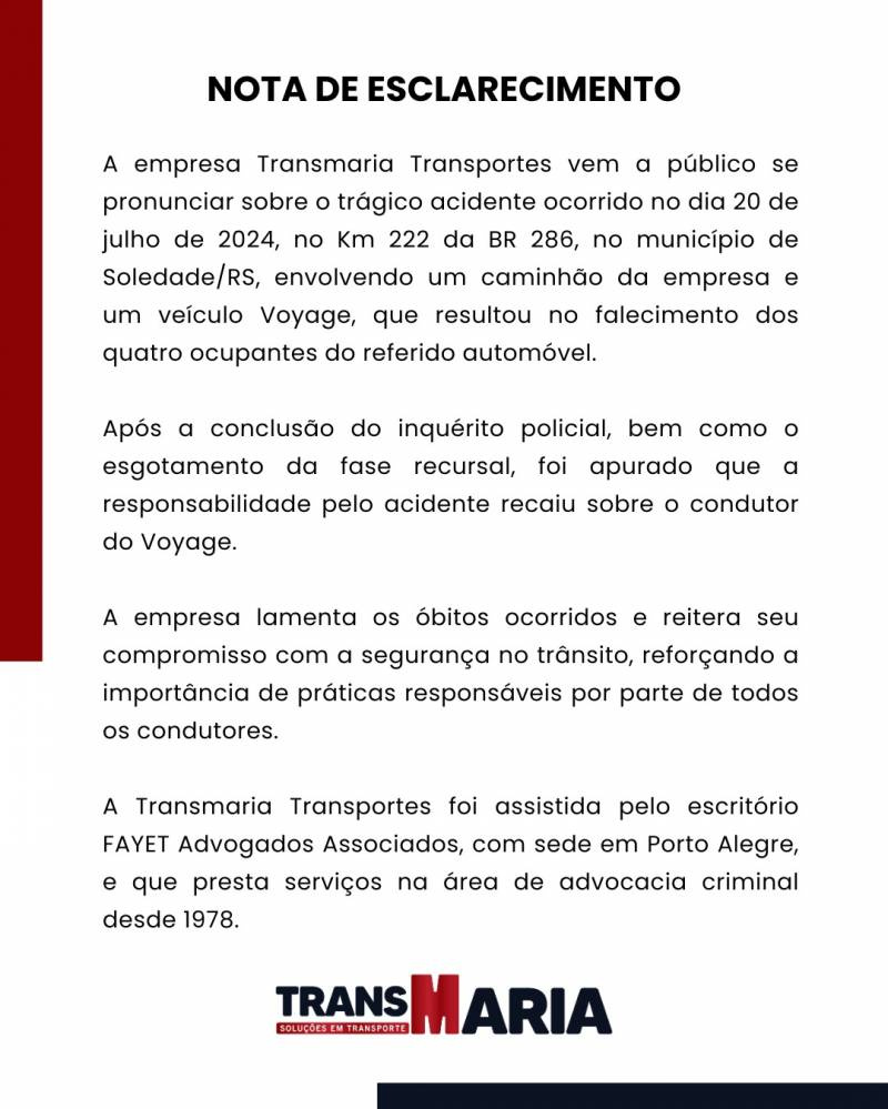 Nota Oficial da empresa Transmaria Transportes