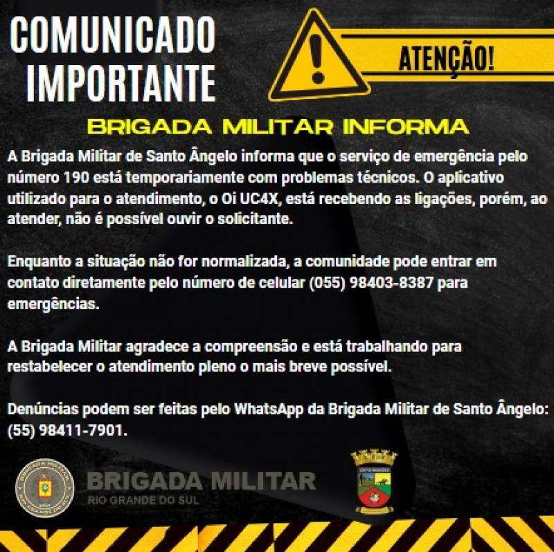 Brigada Militar: Serviço de emergência pelo número 190 está temporariamente com problemas técnicos