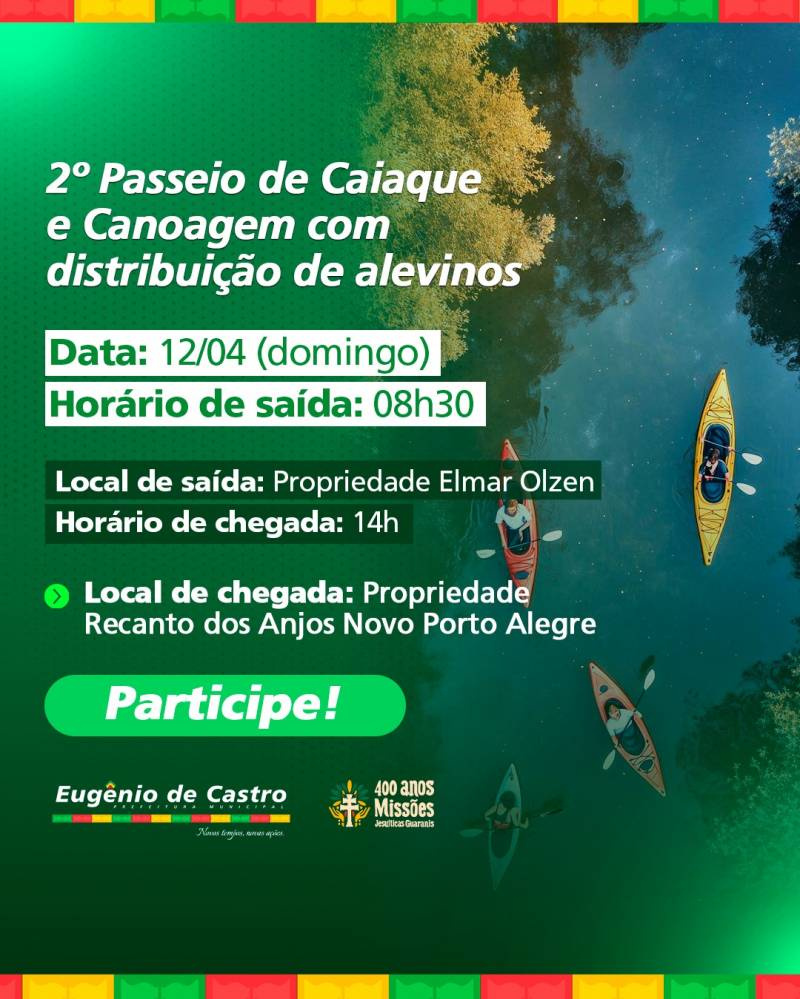 Eugênio de Castro promove 2º Passeio de Caiaque e Canoagem com ação ambiental e integração comunitária