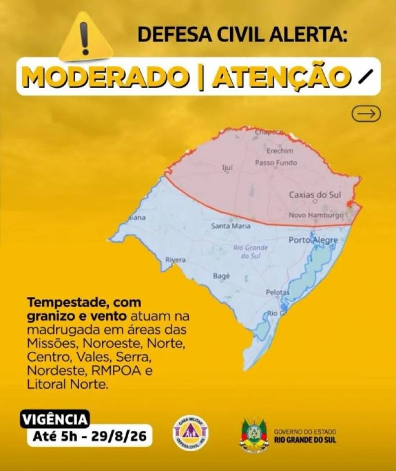 Defesa Civil alerta para tempo severo durante a madrugada na Região Noroeste