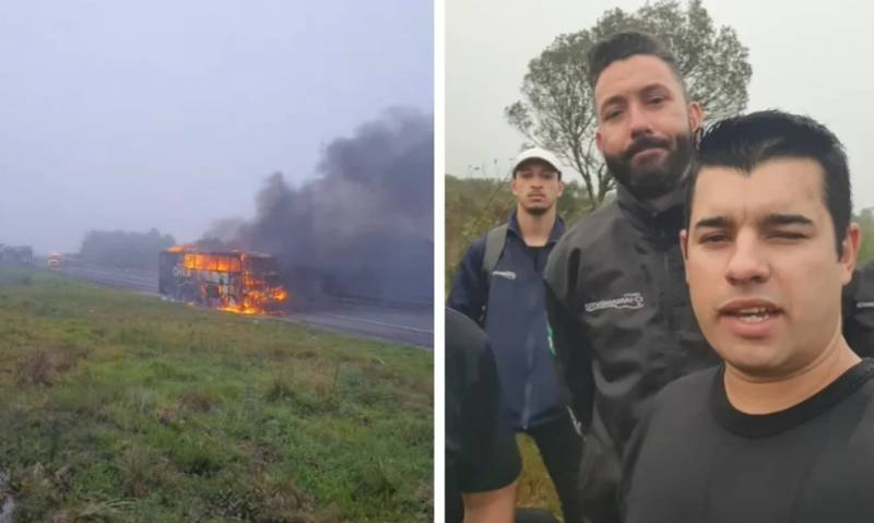 Ônibus do Grupo Chamamento pega fogo no Paraná
