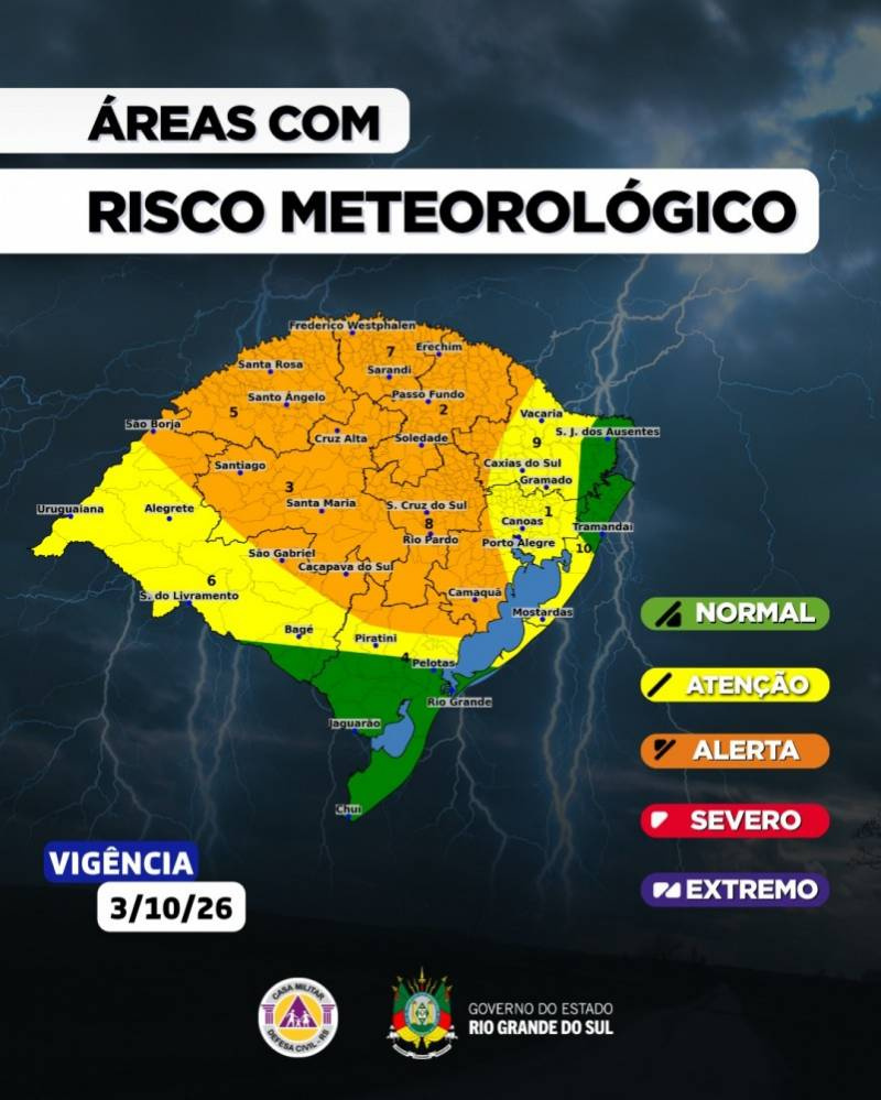 Tempestades severas voltam a atingir o Estado no sábado (3)