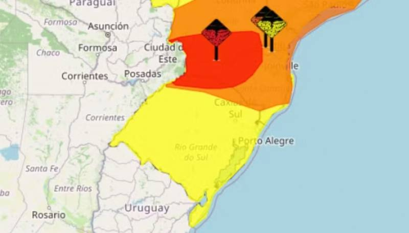 RS tem aviso vermelho do Inmet para chuva com vento de até 100 km/h e granizo