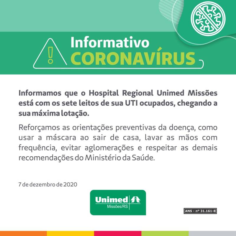 Hospital da Unimed Missões atinge capacidade máxima de lotação