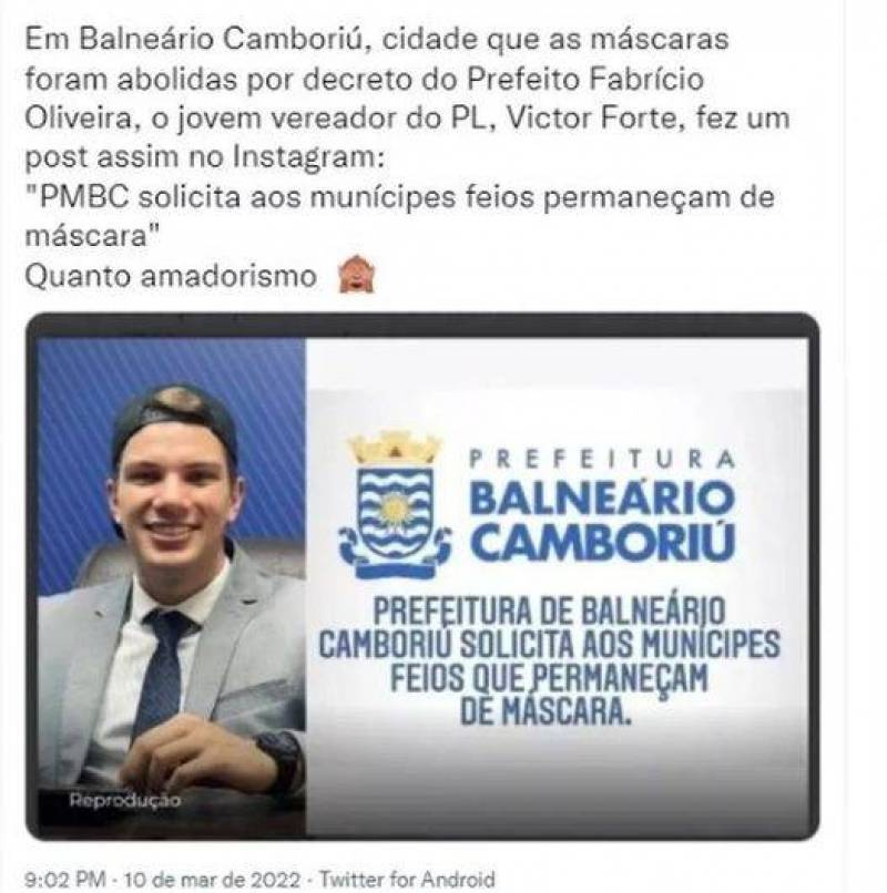 Vereador de Balneário Camboriú publica meme pedindo que munícipes feios permaneçam de 